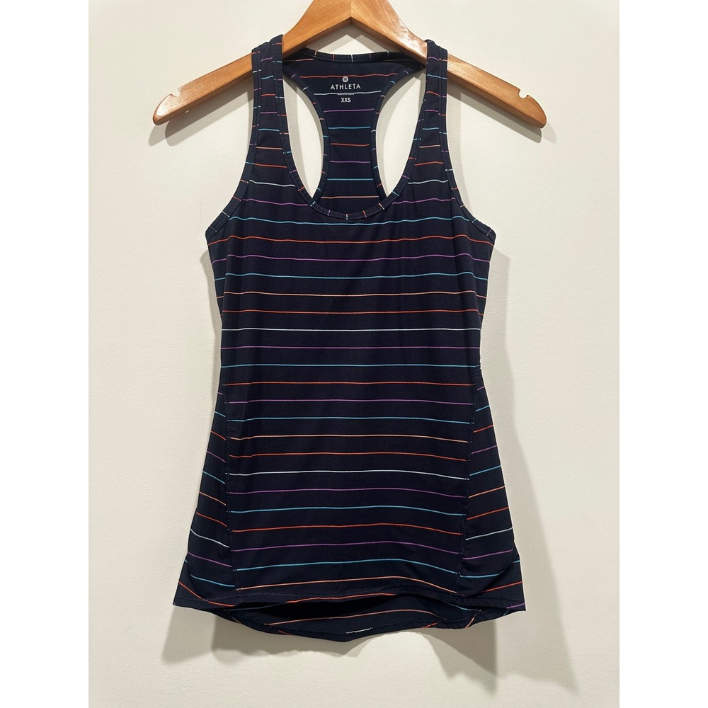 Athleta Womens XXS Navy Multi Stripe Racerback Tank Top with Built-in Shelf Bra